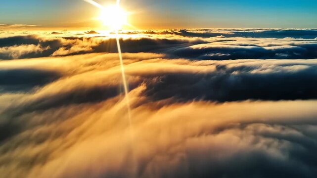 Stunning aerial view of a radiant sunset illuminating a vast cloudscape with warm, golden hues against a tranquil blue sky. this serene scene embodies peace, inspiration, and the beauty of nature, per