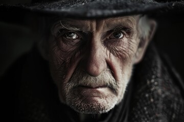 Fototapeta premium Close up portrait of an elderly farmer wearing a hat, highlighting his weathered face and expressive eyes