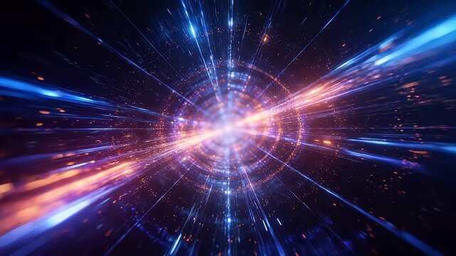 Colorful light tunnel with stars and radial motion lines