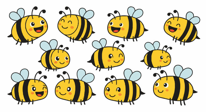 Cute Cartoon Bees Set Hand Drawn Childish Style Vector Illustration