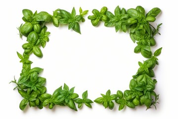Obraz premium Fresh basil leaves and rosemary sprigs forming a green culinary frame on a white background