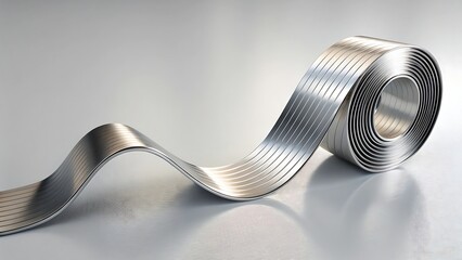 Shiny metallic ribbon unfurling from a roll, abstract curve on a light background