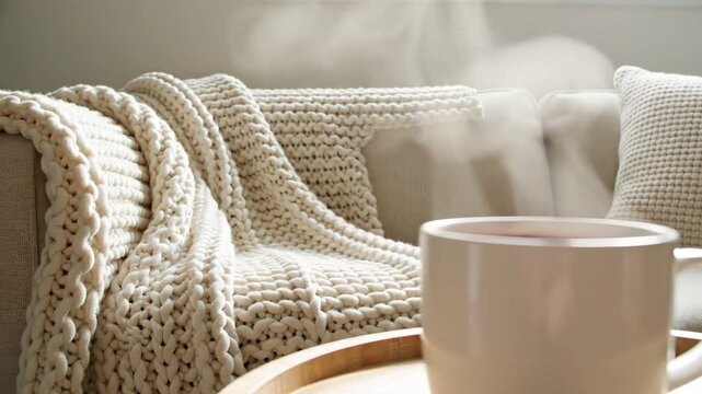 Close-up of a steaming coffee mug on a wooden tray. Hot beverage with steam rising against a background of a sofa with a chunky knit blanket. Cozy morning relaxation concept