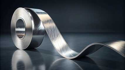 Rolled metallic ribbon on a dark background, industrial material flowing