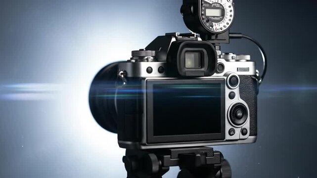 Professional digital camera on a tripod with light meter, capturing high-quality images.