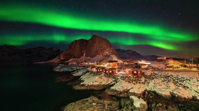 Green northern lights aurora borealis over Hamnoy village in Lofoten, Norway