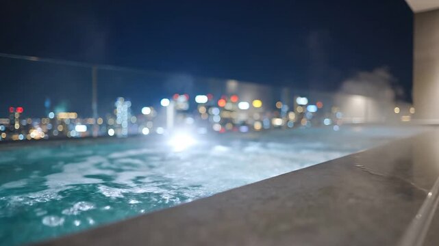 Rooftop jacuzzi with bubbling water and steam at night. Blurred city skyline with bokeh lights. Luxury relaxation and urban wellness concept