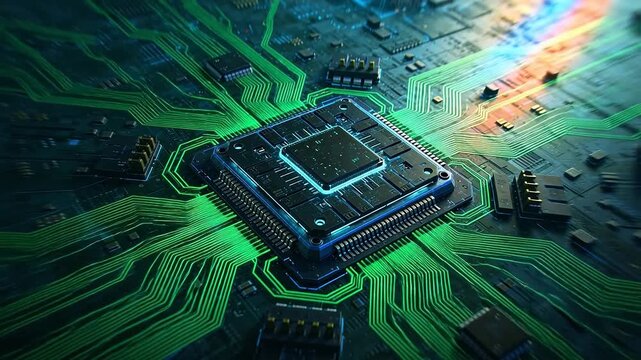 Electronic circuit board with large blue chip and green lines