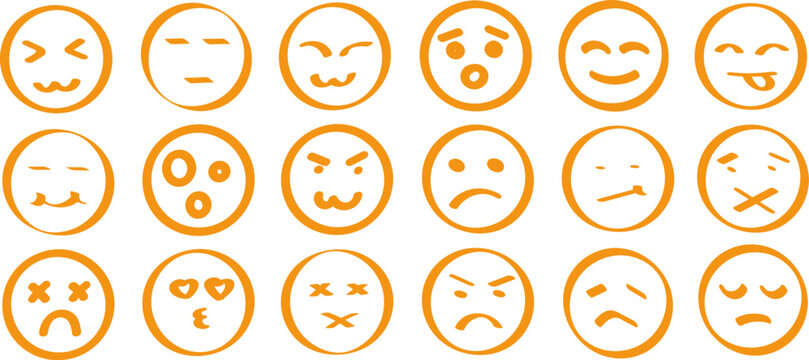Set of hand drawn smiley face emojis and linear emoticon icons vector