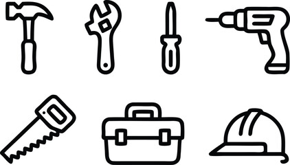 Naklejka premium Collection of construction and repair tools like hammer wrench screwdriver drill saw toolbox and hard hat