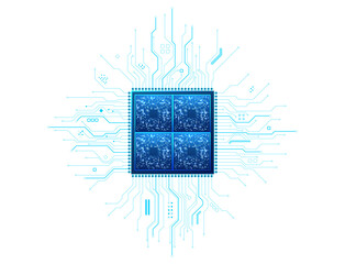 Digital detailed semiconductor chip showcasing bright tech components on transparent background. Precision-crafted processor with radiant blue circuitry and intricate digital connections. Vector