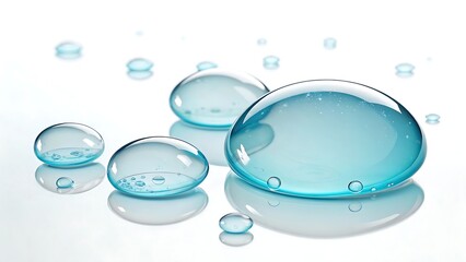 Clear blue water drops on a white reflective surface showcasing purity and hydration