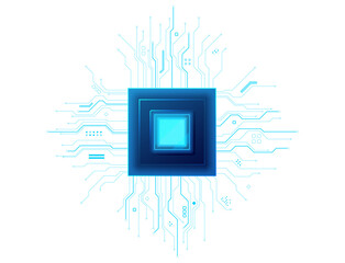 High-tech circuit chip with glowing core and wires on transparent background. Blue semiconductor design perfect for tech projects, presentations, digital interfaces. Technology vector illustration