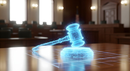 A digital justice gavel hologram in a traditional courtroom setting