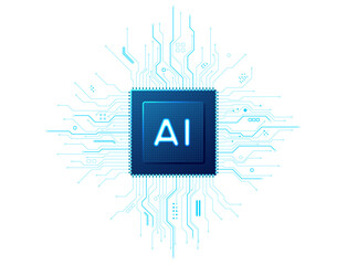 Futuristic processor with luminous central AI symbol and intricate wiring on transparent backdrop. Blue-toned digital component showcasing advanced electronic architecture, glowing core. Digital chip