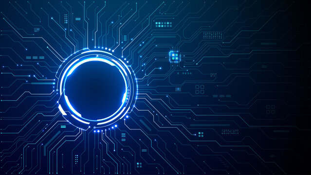 Luminous round gateway with microchip traces spreading across technological backdrop. Sci-fi neon design featuring HUD display, cyber aesthetics, and electronic patterns in blue tones. Digital vector.