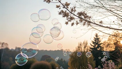 Numerous iridescent soap bubbles floating through an autumn park landscape at sunset