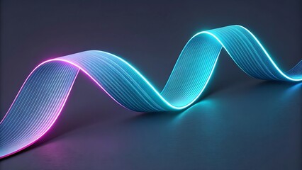 Abstract flowing neon light ribbon wave against dark background representing technology data communication and modern design