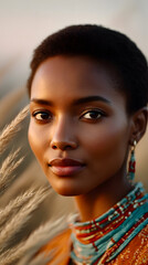 Close up portrait of beautiful African woman with traditional jewelry