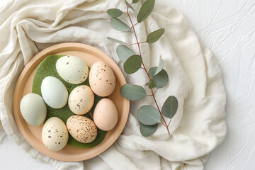 Easter Pastel Eggs Styled on Wooden Plate with Soft Fabric