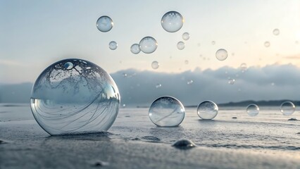 Water bubbles on wet sand with ocean background and sky with clouds
