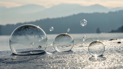 Water bubbles on wet stone with blurred background of hills and water