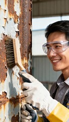 Man in protective gear cleaning weathered, peeling metal surface