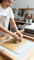 Hands press fibrous material onto a screen, crafting handmade paper