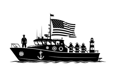 Obraz premium Us coast guard boat silhouette with crew and lighthouse