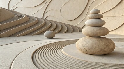 Zen garden aesthetic featuring stacked balance stones on sculpted sand ripples with minimalist architectural curves