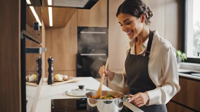 A smiling woman cooking healthy vegetables on a modern induction stove. Person preparing a homemade meal in a contemporary kitchen
