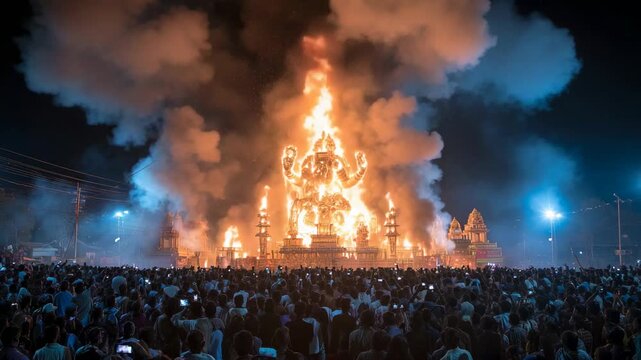 Massive crowd watching a burning effigy at night during a traditional festival with dramatic fire and smoke