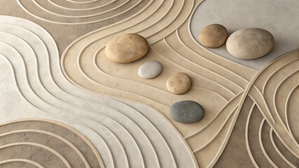 Top view of artistic sand art landscape with smooth river rocks following flowing curved lines and organic patterns