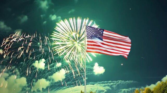 A vibrant display of fireworks illuminates the night sky, perfectly framing the american flag in the foreground. this dynamic scene festive spirit and patriotic symbolism associated with independence 
