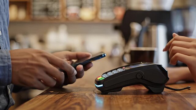 A customer makes a quick and easy contactless payment with a smartphone using nfc technology in a coffee shop