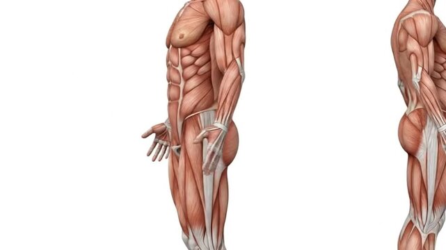 Human muscular system anatomy illustration showing full body muscle structure in side view