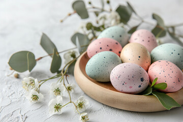 Soft Neutral Easter Scene with Pastel Colored Eggs