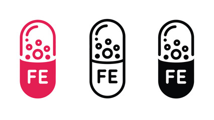 Three iron supplement pill icons in red, black and white on a clean background