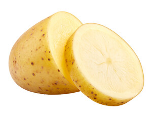A whole potato with two slices cut from it, revealing its creamy yellow flesh