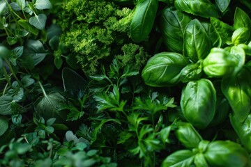 Close up of various culinary herbs growing densely together