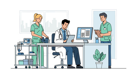 Doctors preparing for a new workday in an office for healthcare marketing and organizational materials