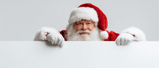 Santa Claus peeking over a white sign with a joyful expression on his face
