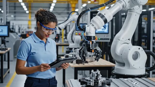Female engineer programming a robotic arm with a tablet in a smart factory. Woman using advanced automation technology for industrial manufacturing. Industry 4.0 and future of production concept