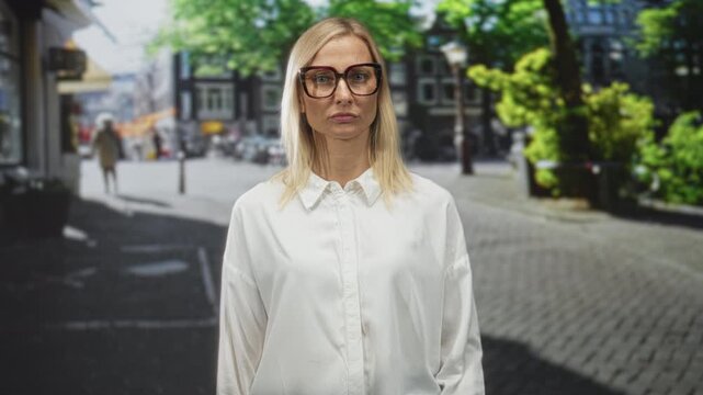 Woman points finger toward camera on cobblestone street, wearing white shirt and oversized glasses with neutral face; stern instruction authority.