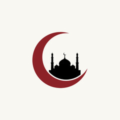 Obraz premium Islamic Mosque Silhouette with Crescent Moon in Red Color on White Background for Ramadan Symbol
