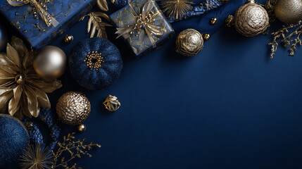 Christmas decorations and gifts on a dark blue background with gold accents and ornaments