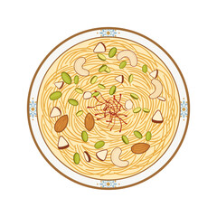Pasta Dish with Nuts and Herbs in Vibrant Yellow Hues on White Background with Golden Accents for Food Blog