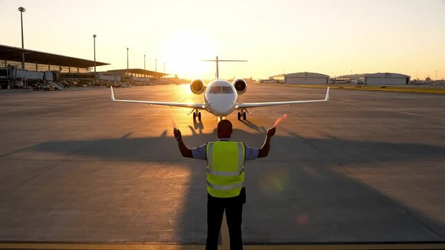 Ground crew signals private jet on airport tarmac at sunset with glowing wands