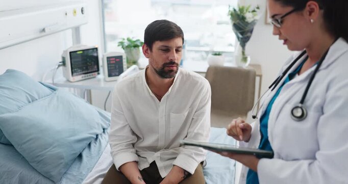 Checkup, tablet and doctor with man in clinic for discussion on diagnosis or treatment plan. Healthcare, technology and medical worker with male patient for conversation at consultation in hospital.