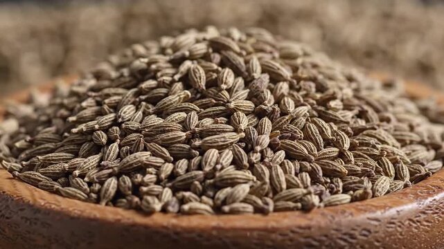 Close Up Macro Shot Of Dry Cumin Seeds Piled In A Wooden Bowl Natural Warm Lighting Soft Focus Background
